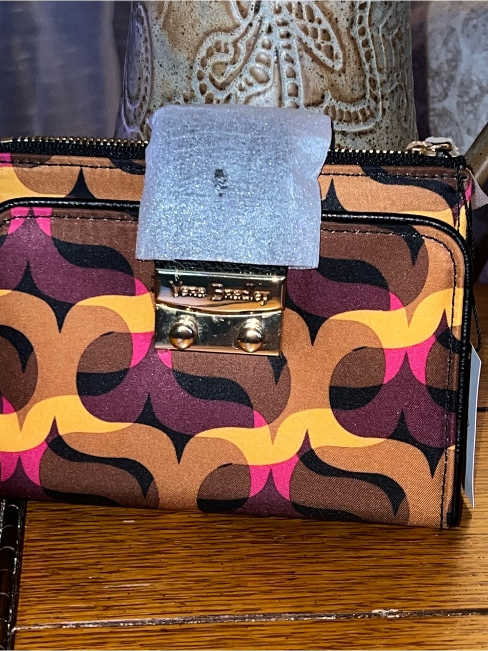 Vera Bradley Modern Lights Pushlock Bifold Wallet Gold Brown Purple Pink Print - Picture 2 of 7